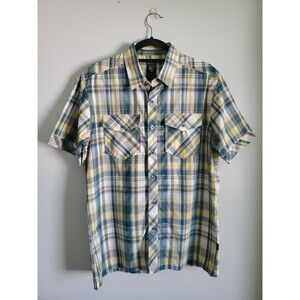 Kuhl Shirt Short Sleeve Button Up Plaid Hiking Fishing Mens Medium Blue Yellow